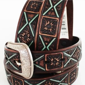 3D Belt Co Floral Tooled with Turquoise Leather Western Belt Size 44